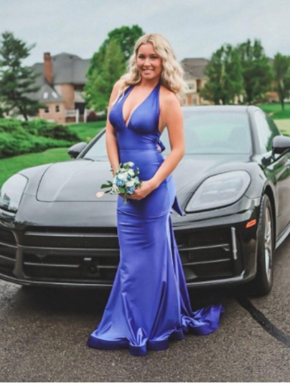 Satin Plunge Halter Prom Gown in royal Blue